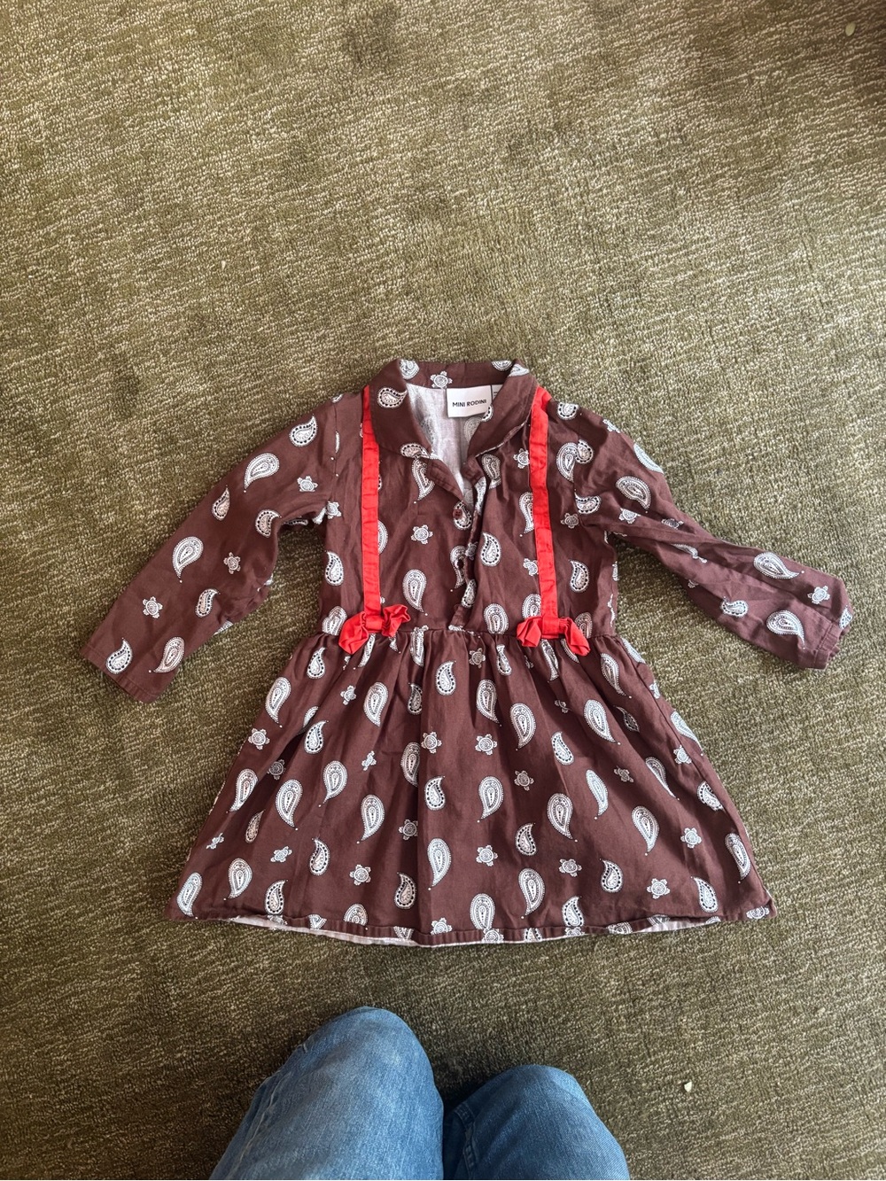 Mini rodini kids Brown Paisley Dress with Red Ribbon Detail size 6